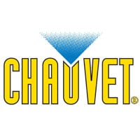 the image showcases the chauvet logo, with "chaujet" in bold yellow capital letters. a gradient blue triangle above mimics a spotlight shining downward. perfect for event rentals, this design embodies the essence of professional lighting solutions for any occasion.