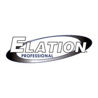 the logo of elation professional showcases "elation" in bold white letters with a black and gray oval swirl, accompanied by "professional" in smaller text below. perfectly symbolizing excellence in event lighting, the design stands out against a clean white background.