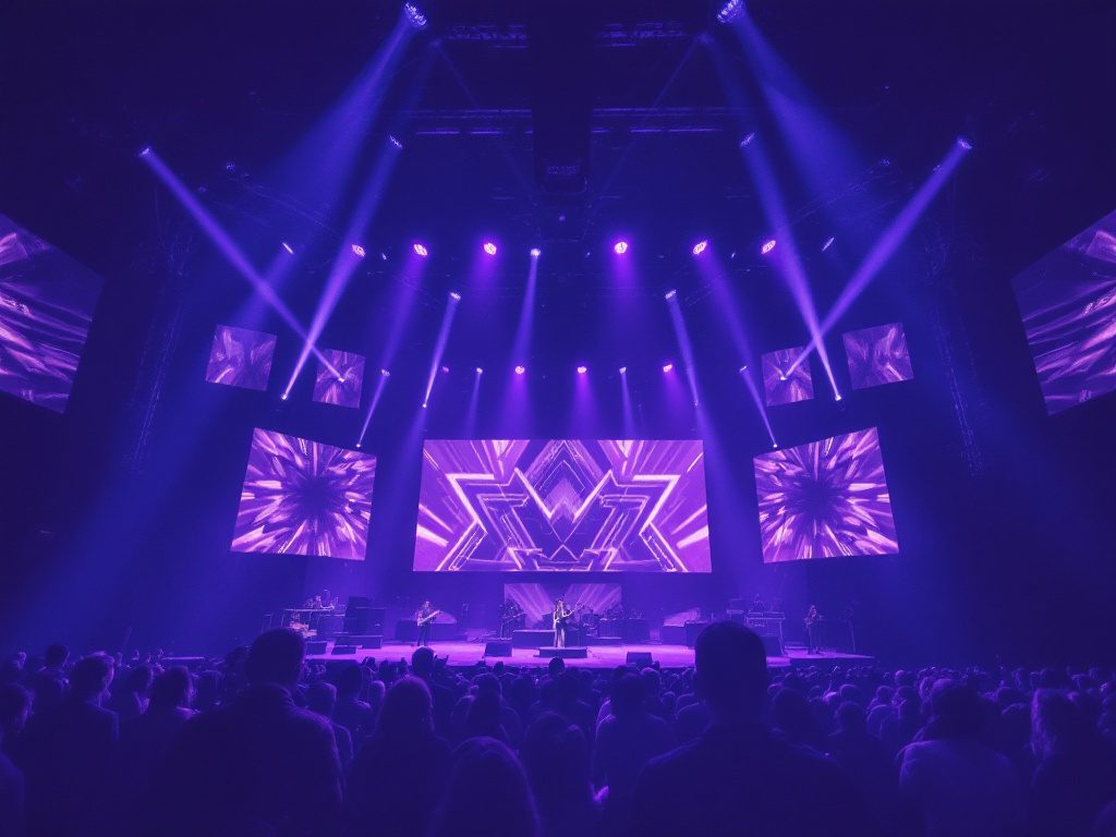 A concert stage illuminated in purple lights with geometric designs on multiple large screens. A band performs under a grid of spotlights before a large audience. The atmosphere is vibrant and energetic. concert staging companies