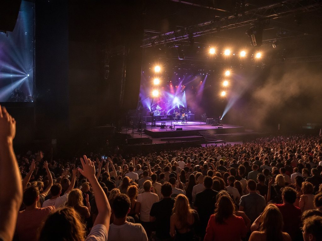 A large crowd enjoys a concert in a dimly lit venue. Bright spotlights illuminate the stage where a band is performing. Audience members raise their hands, and colorful stage lights create a lively, energetic atmosphere. concert staging companies