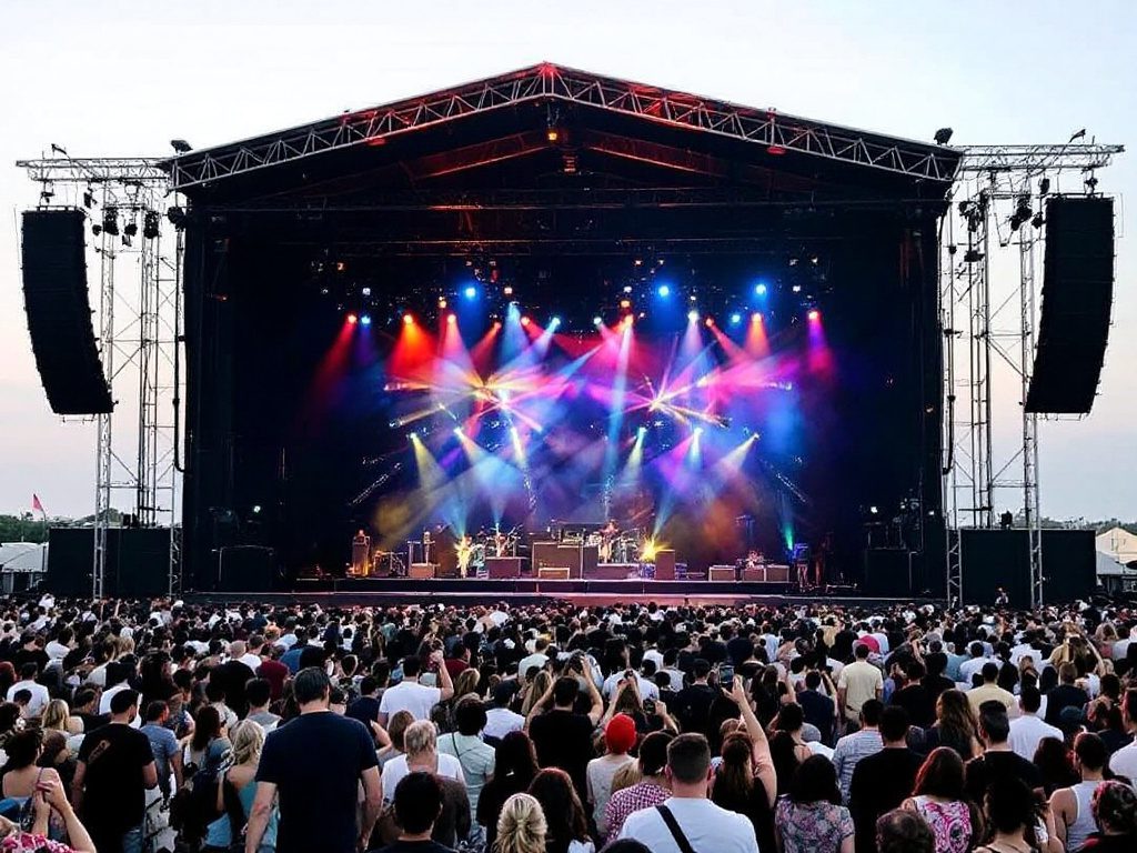 A large outdoor music concert with a stage lit by colorful lights showcases the expertise of top concert staging companies. A band performs live experiences for a large, standing crowd under a clear sky, which hints at either morning or evening as the audience revels in the vibrant performance. concert staging companies