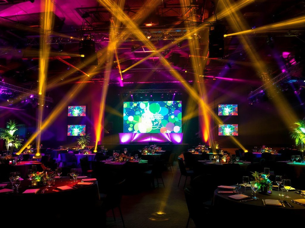 A vibrant event room with colorful stage lighting and spotlights illuminating round tables set for a formal gathering. The stage displays colorful graphics on a large screen, and small screens are visible on either side. audio visual services